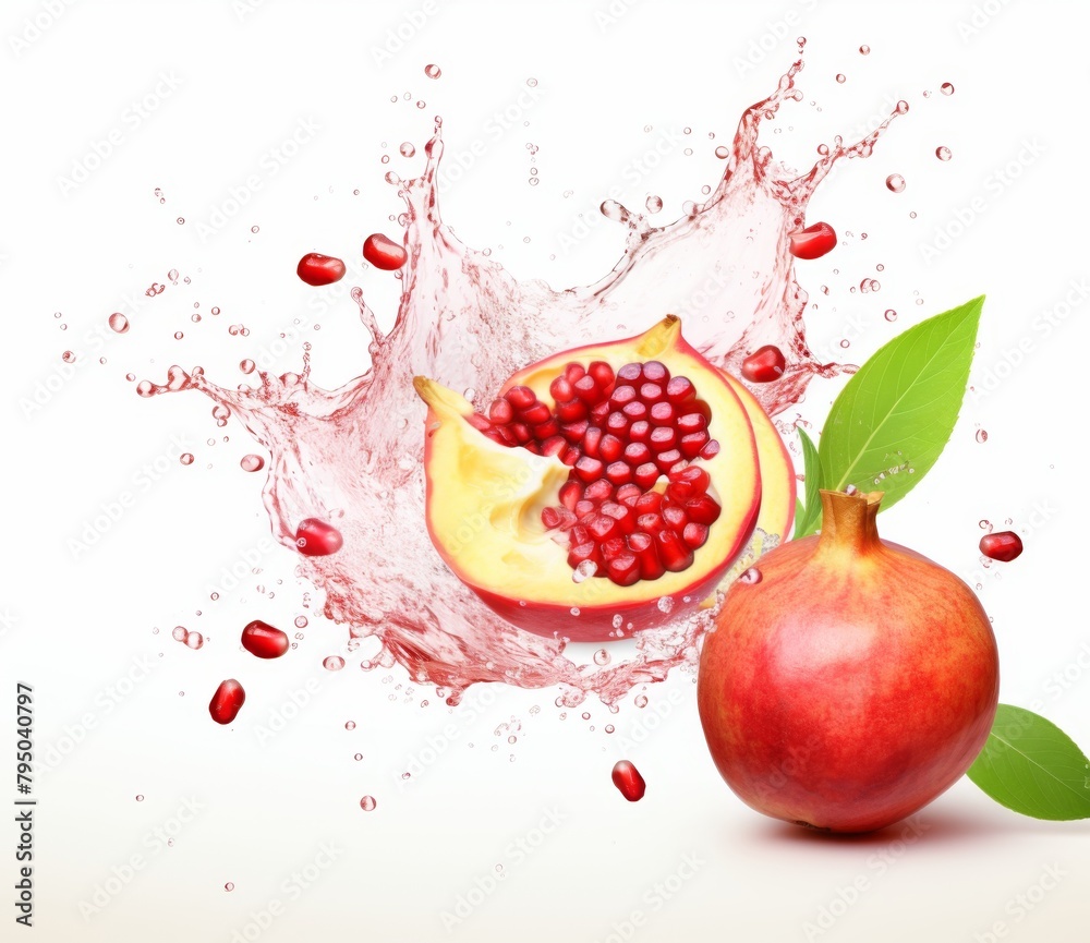 A pomegranate is sitting next to a large splash of pink liquid. The pomegranate is red and has green leaves. There are also red pomegranate seeds scattered around. A pomegranate is sitting next to a large splash of pink liquid. The pomegranate is red and has green leaves. There are also red pomegranate seeds scattered around.