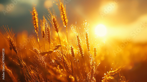 A field of golden wheat with the sun shining on it
