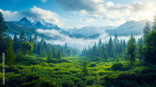 Scenic landscape of green forest in front of high mountains in fog.
