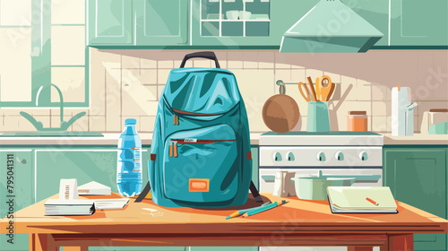 Stylish school backpack with stationery and bottle of photo