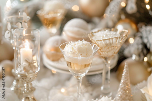 Elegant New Year's Eve dessert buffet featuring champagne sorbet and luxurious ice cream desserts, festive decorations