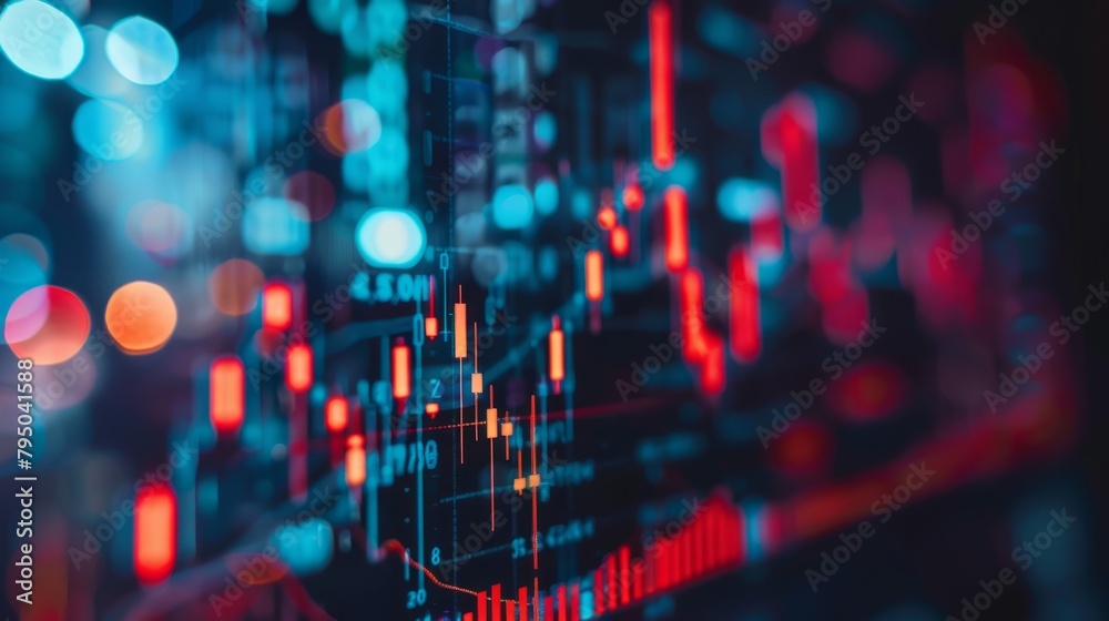 A close up of a stock market chart with red and green candlesticks.