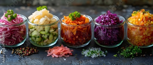 Assorted fermented foods in glass jars colorful and textured symbolizing probioticrich cuisine. Concept Fermented Foods, Probiotic Cuisine, Glass Jars, Colorful Texture, Health Benefits
