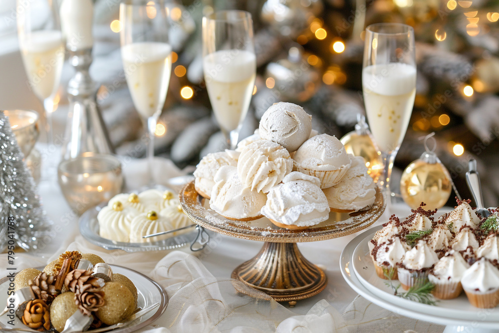 Elegant New Year's Eve dessert buffet featuring champagne sorbet and luxurious ice cream desserts, festive decorations Elegant New Year's Eve dessert buffet featuring champagne sorbet and luxurious ice cream desserts, festive decorations
