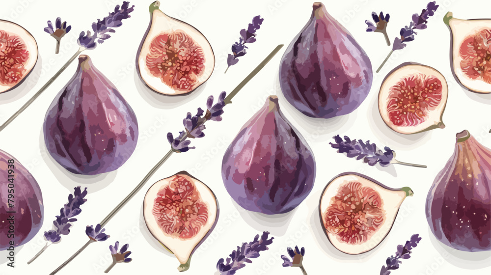 Fresh ripe figs and lavender flowers on white background