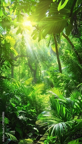 Sunlight filtering through lush green forest creating a stunning display of rays