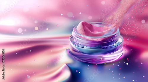 A jar of powder is sprinkled on a pink background