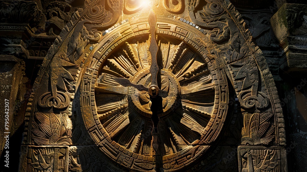 Ancient sundial, intricate carvings, whispers of the past, unveils memories lost to time Photography, Backlights, Vignette, Frontal view