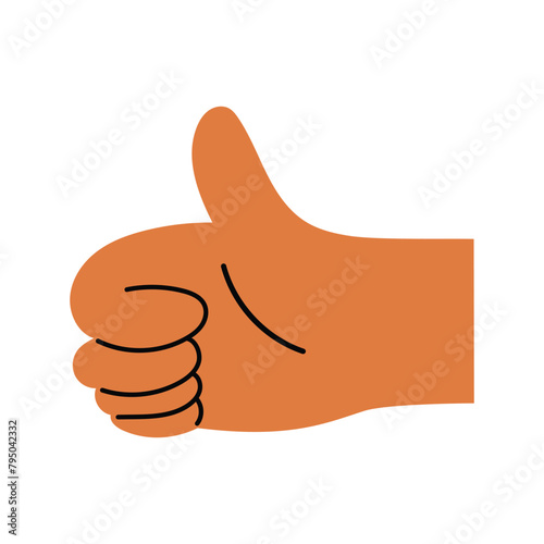Simple flat designed hand showing thumbs up gesture sign, hand drawn vector illustration