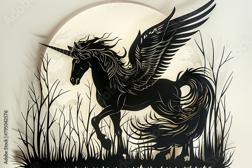 Elegant paper cut Pegasus silhouetted against the moon a blend of myth and artistic precision
