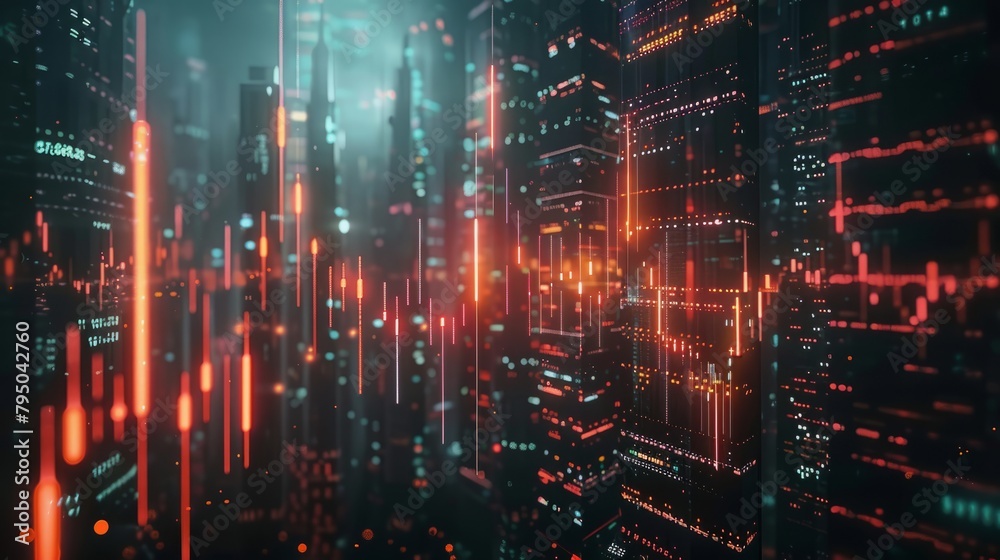 A futuristic city with glowing red and orange lights.