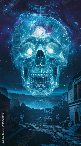 Crystal Skull, mysterious aura, surrounded by ancient ruins and mystical symbols, under a starry night sky, photography, Silhouette lighting, Vignette, Tracking shot view