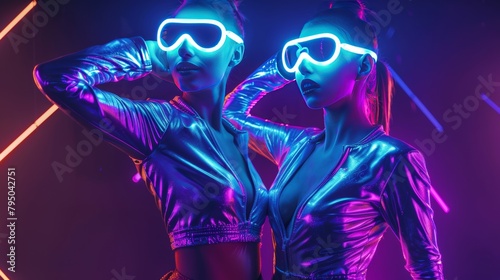 two sexy female disco dancers posing in UV costume photo