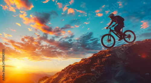 A man is riding a bike on a mountain with a beautiful sunset in the background © Riley