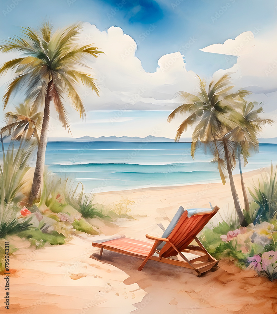 A watercolor illustration depicts a serene beach scene featuring a red sun umbrella and a wooden lounge chair, with tranquil blue ocean waves and a pastel sky in the background.