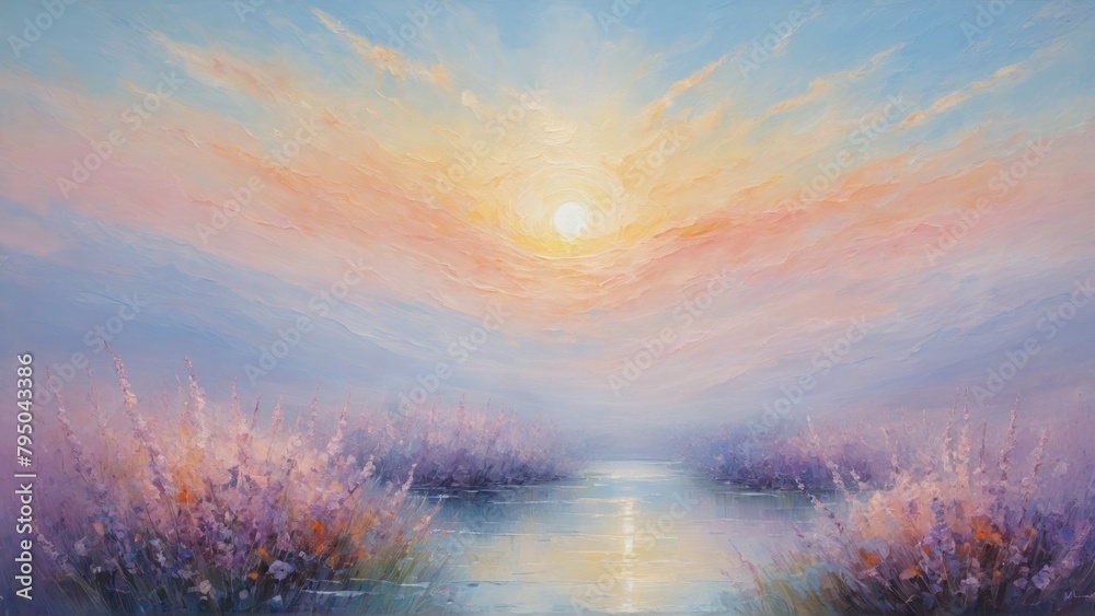 Abstract painting capturing the serenity of a sunrise over water. Blend of warm and cool hues.