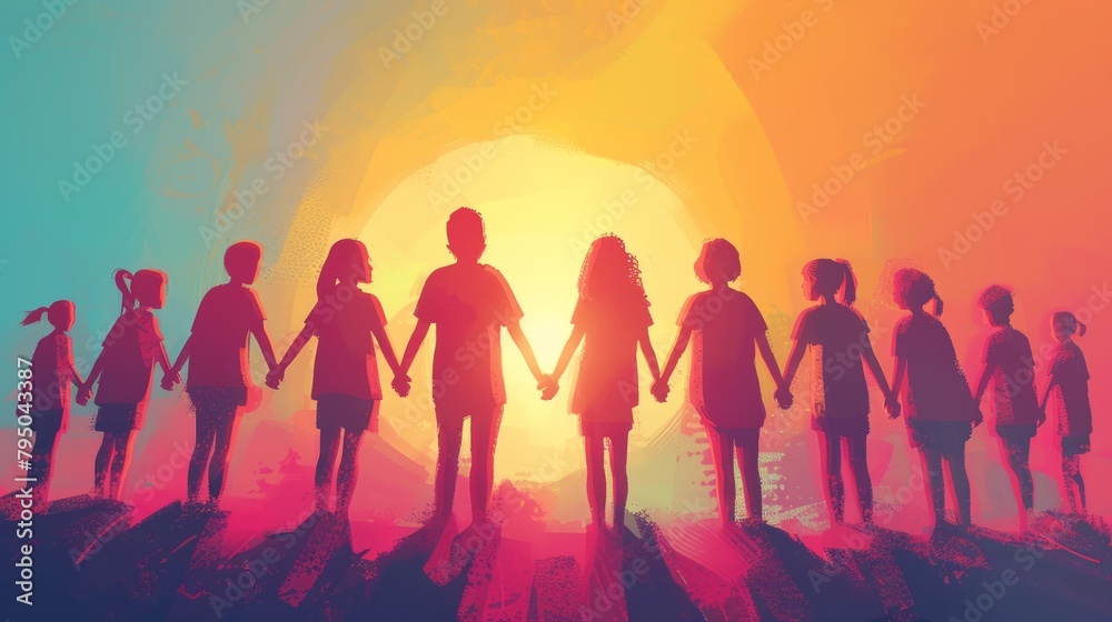 A group of diverse children holding hands and standing in front of a setting sun. A group of diverse children holding hands and standing in front of a setting sun.