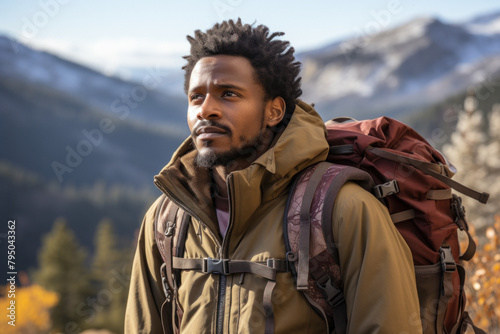 A man travels in the mountains with a backpack.