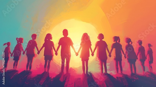 A group of diverse children holding hands and standing in front of a setting sun.