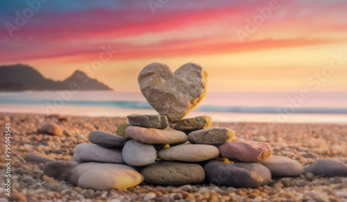 Cairn with a heart shaped stone on the top piled up on a tropical beach at sunrise. Peaceful morning scene seaside