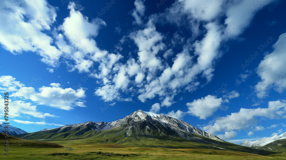 A mountain range with a clear blue sky and fluffy clouds