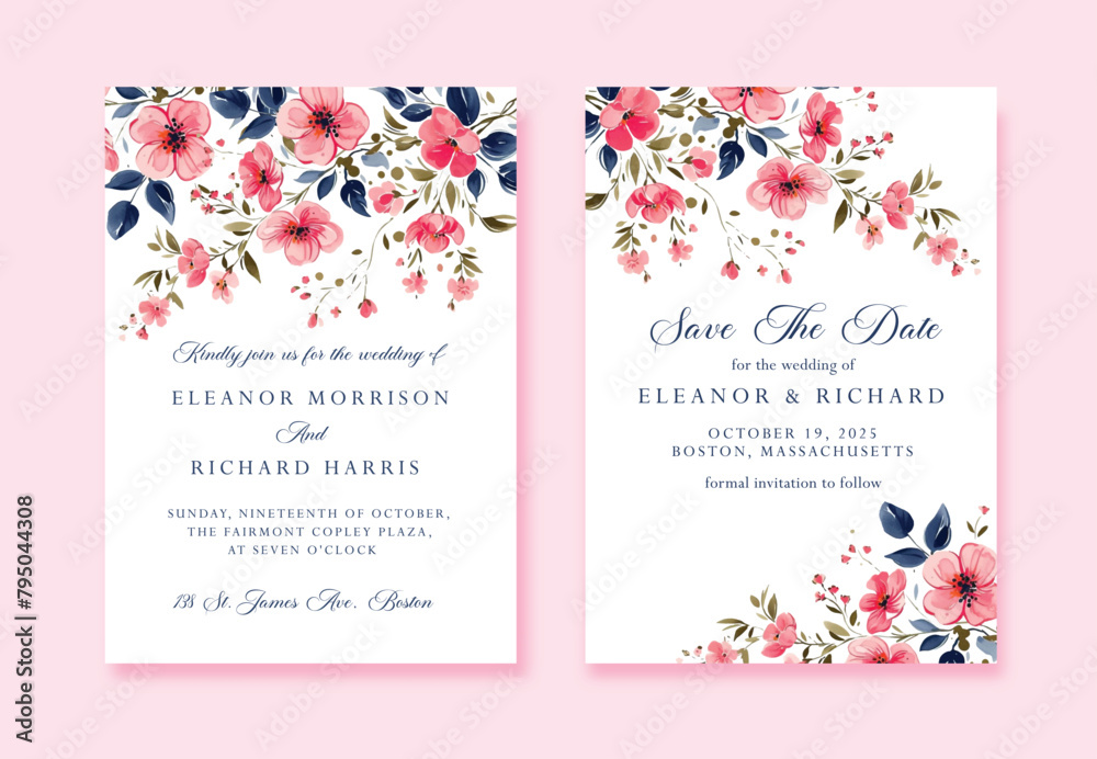 Pink Watercolor wedding invitation with pink wildflowers.