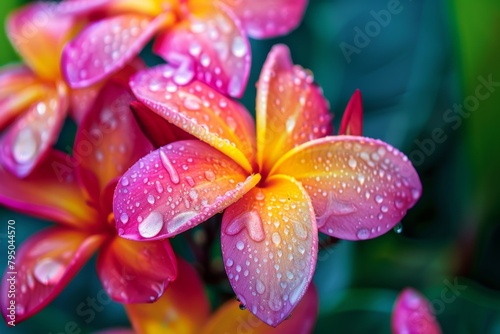 Vibrant Plumeria Flowers with Water Droplets Close-up Shot