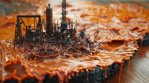 A miniature oil refinery sits on a sea of crude oil. photo