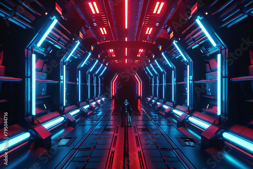 Empty space station corridor, dark walls, neon sci-fi lights, black edition