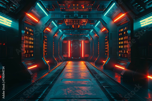Empty space station corridor, dark walls, neon sci-fi lights, black edition photo