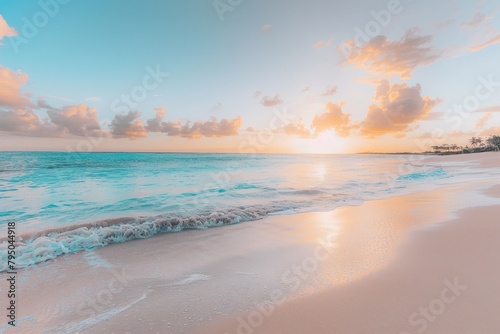 Tranquil panoramic sunset seascape on tropical beach with golden sand and calm horizon