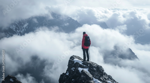 Wallpaper Mural A man in a red jacket stands on a mountain top, looking out over the clouds Torontodigital.ca