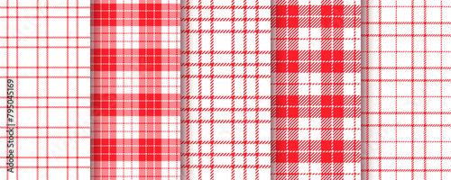 Cloth seamless background. Red cloth pattern. Set plaid tartan prints. Gingham table textile. Kitchen lumberjack tablecloth. Picnic napkin backdrops. Checkered buffalo textures. Vector illustration