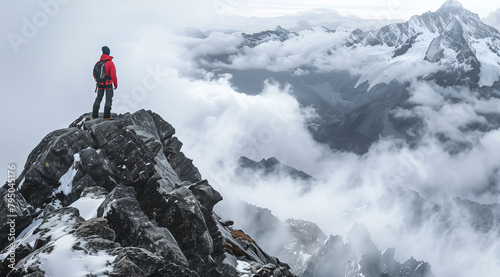 Wallpaper Mural A man in a red jacket stands on a snow covered mountain peak Torontodigital.ca
