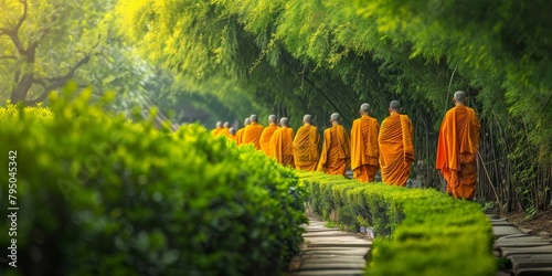 Serene Procession of Buddhist Monks in Lush Green Garden