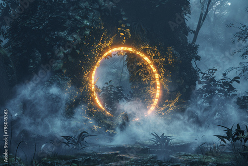 Enchanted Forest Portal An image depicting a glowing portal in an enchanted forest, with smoke and light Ideal for fantasy book covers or RPG game background