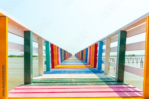 Colorful wooden bridges, beautiful, tourist attractions at Samut Sakhon in Thailand
