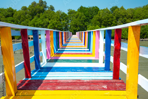 Colorful wooden bridges, beautiful, tourist attractions at Samut Sakhon in Thailand