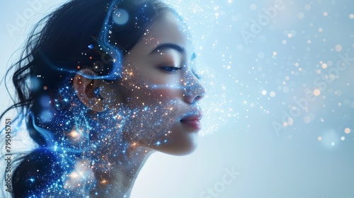 Poster of Digital asian woman head with space stars, Artificial Intelligence concept. Abstract illustration of a head with blue glowing and shining, machine learning. Mental health care ezoteric theme photo