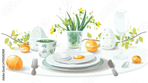 Table setting for Easter celebration on white background