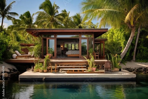 Peaceful small island retreat featuring a simple tropicalstyle house, nestled among lush palms and sandy shores for a serene getaway © reels