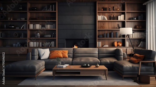 Realistic depiction of a modern living room, simple in design with functional elements like builtin bookcases and a cozy, understated couch photo