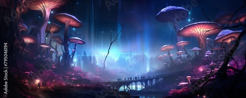 Surreal scene of neonlit mushrooms in a fantasy forest at night, casting glowing colors across a mystical landscape photo