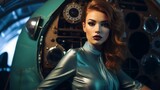 An elegant punk rockthemed fashion shoot set in a vintage airplane cockpit, enhanced with teal lighting and Dufaycolor accents for a retro yet edgy vibe