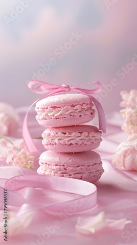 pink macarons stacked on top of each other, tied with satin ribbon, against a pastel background