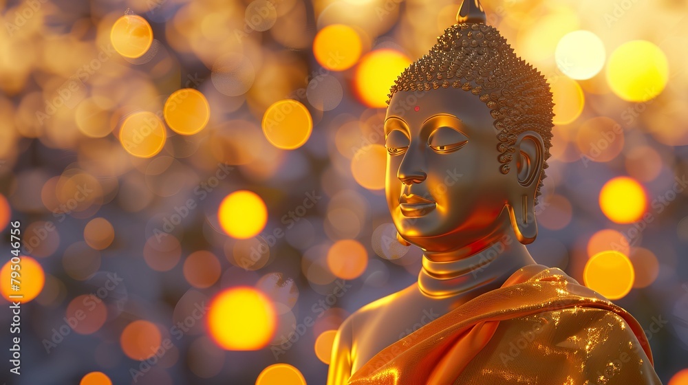 Golden Buddha, Orange Robes, Serene Expression, Witnessing a Hindu Festival of Lights, Nightfall, 3D render, Spotlight, Lens Flare, Handheld shot view