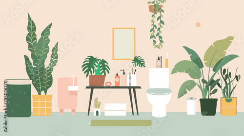 Table with houseplants paper rolls toilet bowl and bi