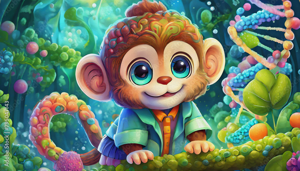 oil painting style CARTOON CHARACTER CUTE BABY a monkey Molecular biologist analyzing DNA structure in a lab