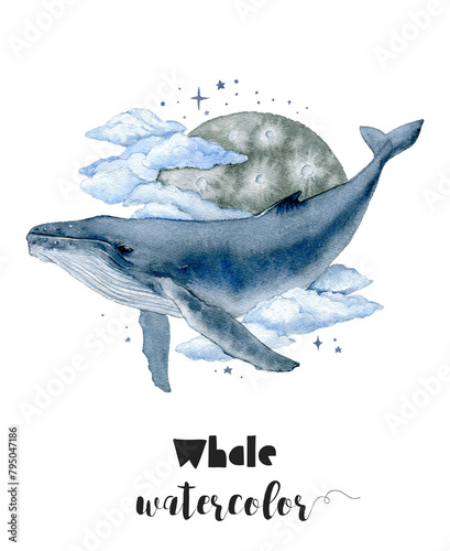 A watercolor painting of a whale with a moon using electric blue, liquid medium © cosmicanna