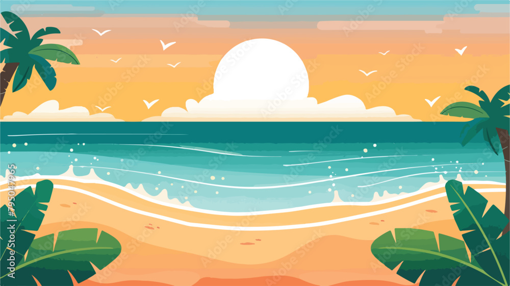 Summer background a beach view with sea and palm. Vector